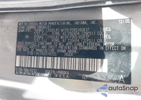 2006 Toyota Tundra Sr5 V8 из США, поврежденный, VIN 5TBET34176S516355